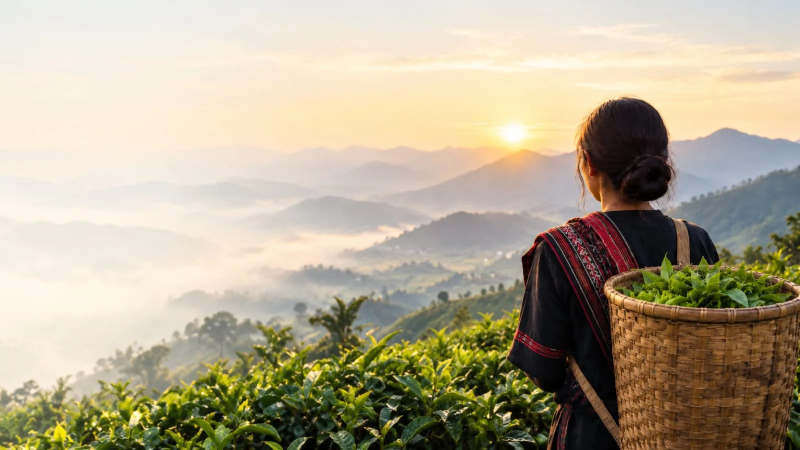 Woman carrying a basket of fresh tea leaves at sunrise over the misty hills of Arunachal Pradesh